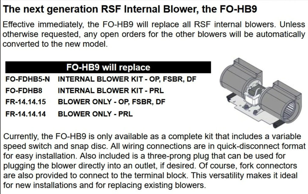 RSF Universal Blower Kit . For All RSF Fireplaces FOHB9